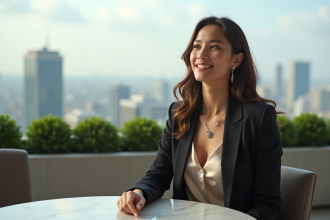Jeune femme élégante contemplant la ville depuis un rooftop