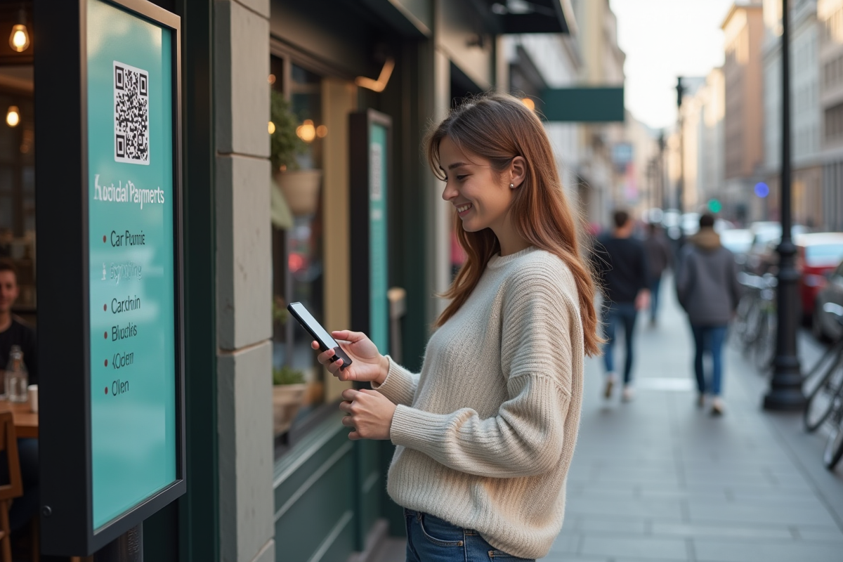 Jeune femme scanne un QR code dans une ville animée