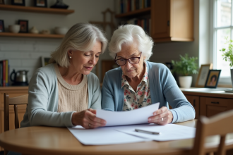 Femme senior et fille travaillant sur des papiers à la maison