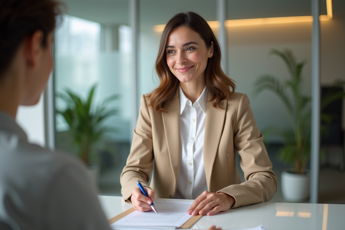 Femme professionnelle signe un contrat de pension dans un bureau moderne