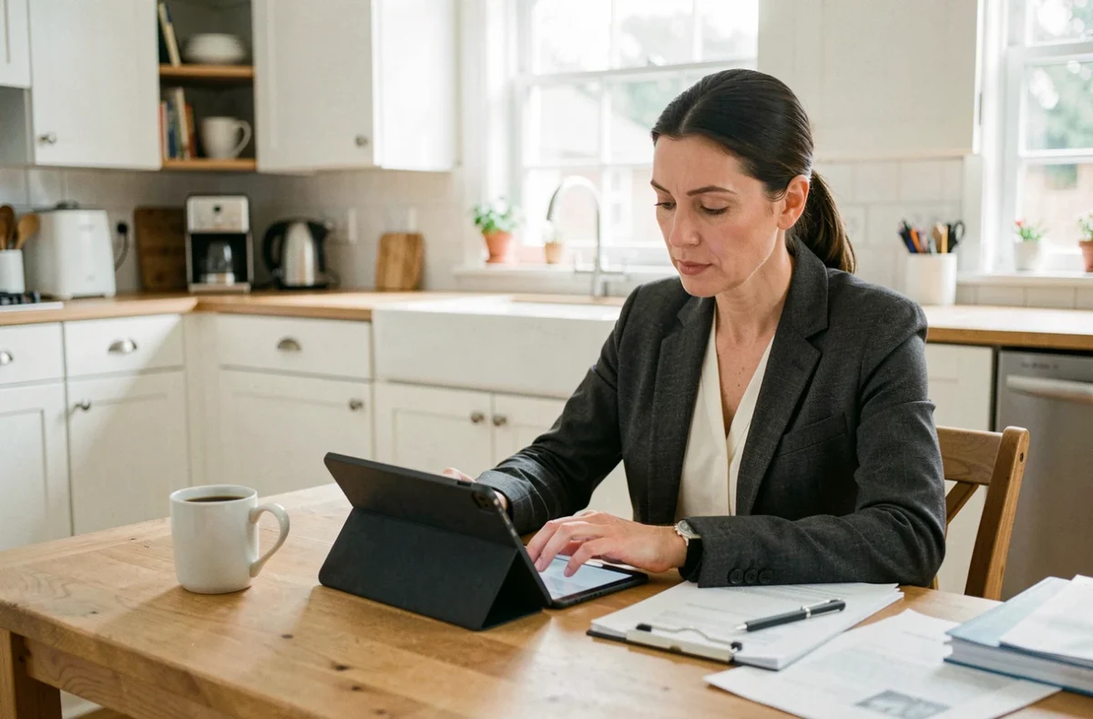 Femme active consultant un simulateur de salaire brut en net sur tablette depuis son domicile avec des documents administratifs