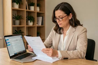Femme consultant un simulateur de solde tout compte sur ordinateur portable avant de quitter son CDI