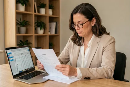 Femme consultant un simulateur de solde tout compte sur ordinateur portable avant de quitter son CDI