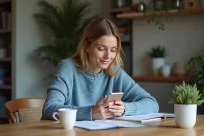 Femme regardant une notification bancaire sur son smartphone