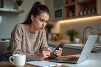 Jeune femme préoccupée avec smartphone et ordinateur