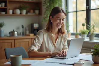 Femme souriante gérant ses finances à la maison