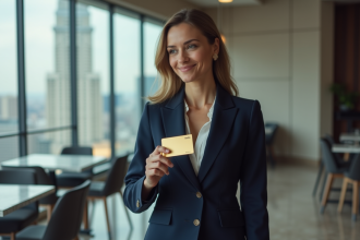 Femme daffaires souriante avec carte gold en main