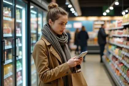 Jeune femme dans un supermarché allemand examine des étiquettes