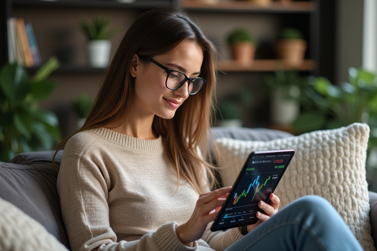 Femme à la maison utilisant une tablette pour un échange décentralisé
