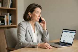 Femme contacting son assurance emprunteur Sogecap par téléphone depuis son bureau à domicile
