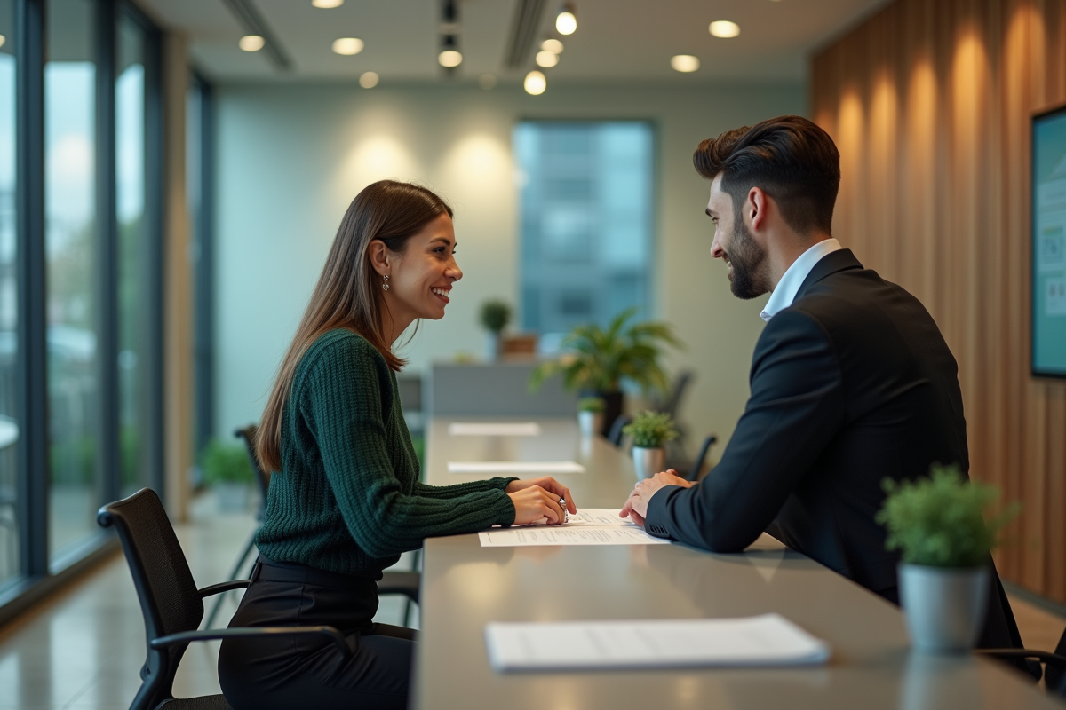 Femme remettant un formulaire de retrait à un banquier dans une agence moderne