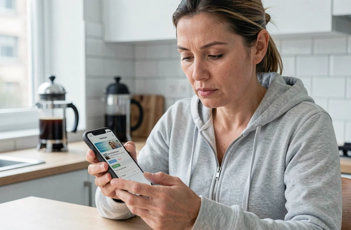 Femme consultant son application bancaire sur smartphone pour vérifier l'état d'un virement en attente FDJ