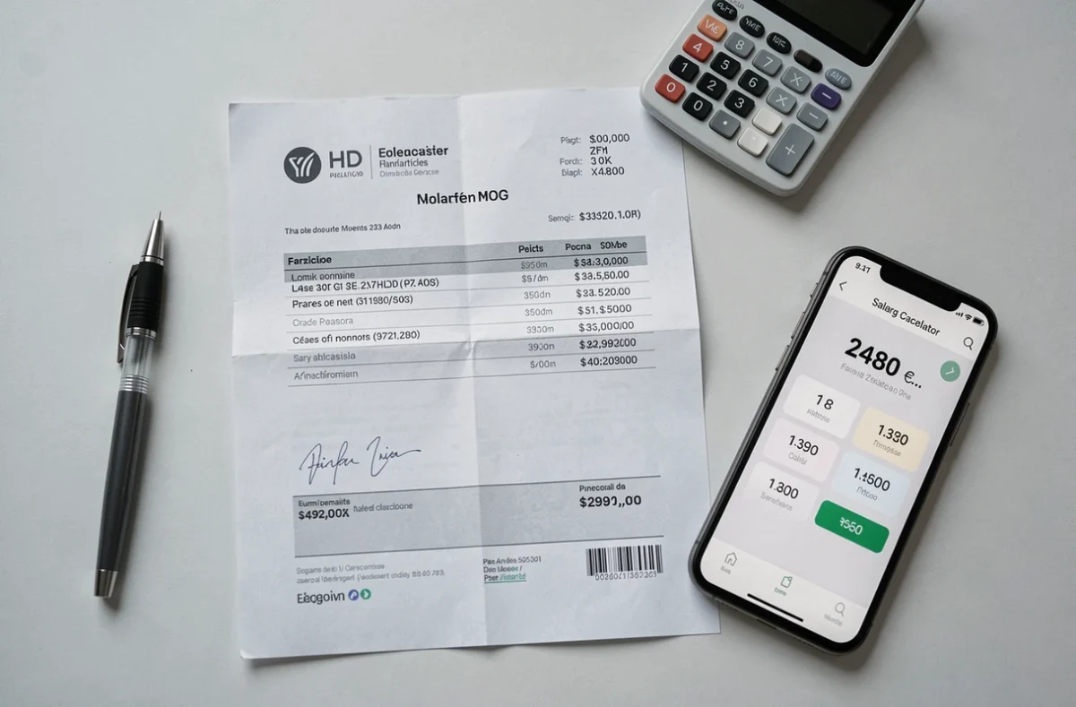 Vue en plongée d'une fiche de paie française avec calculatrice et smartphone affichant un simulateur de conversion salaire brut net 2480 euros