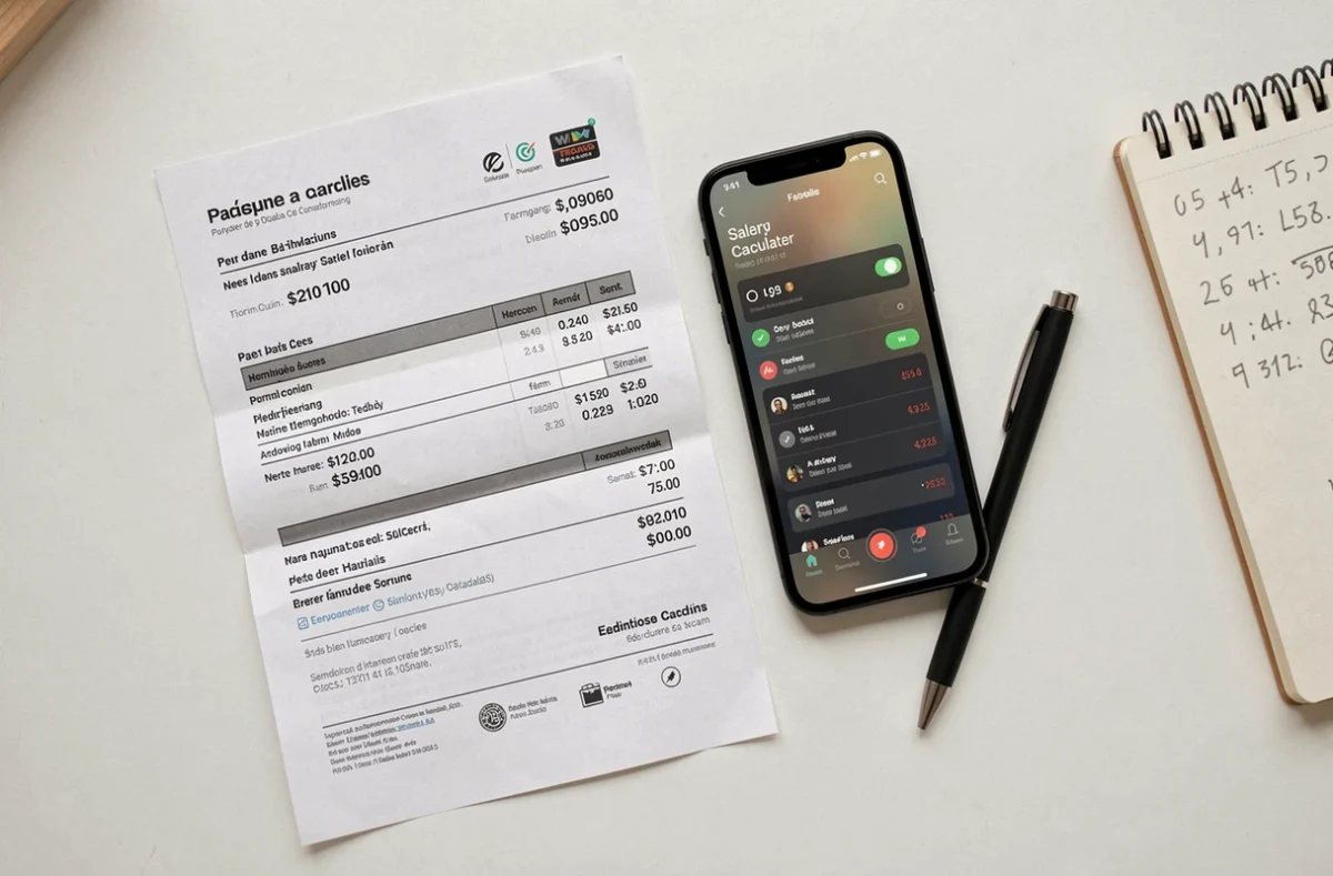 Fiche de paie française avec calculatrice de salaire brut net sur un bureau minimaliste