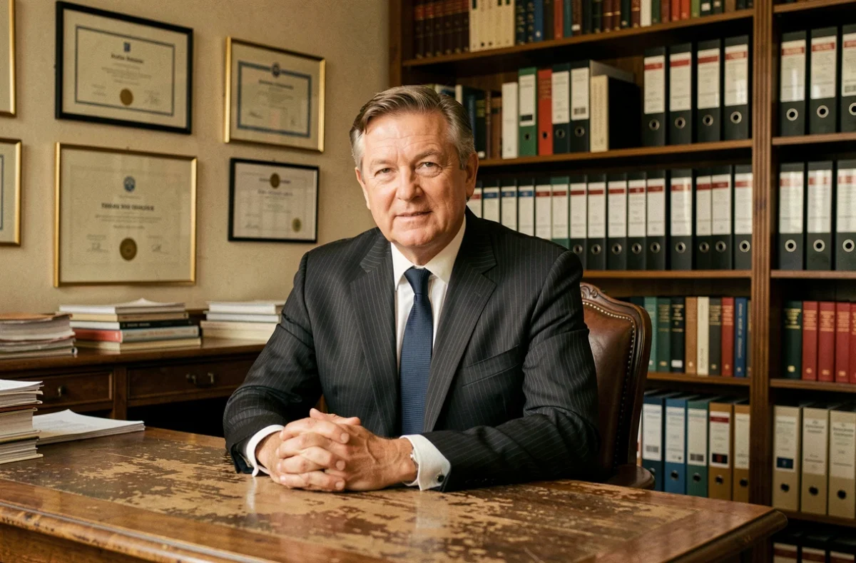 Courtier indépendant senior dans un bureau parisien classique avec bookshelves de dossiers d'assurance