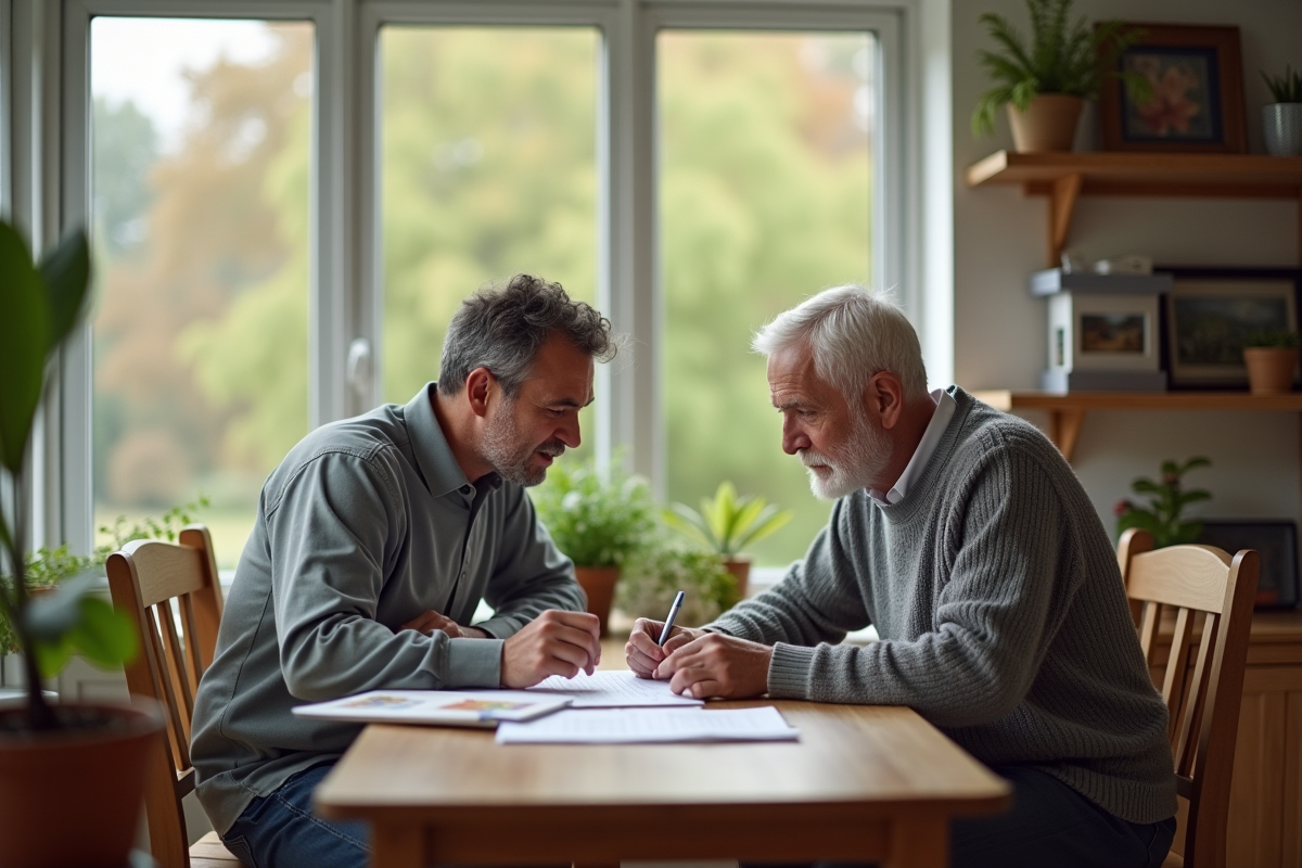 Fils aidant son père à remplir des documents dans la véranda
