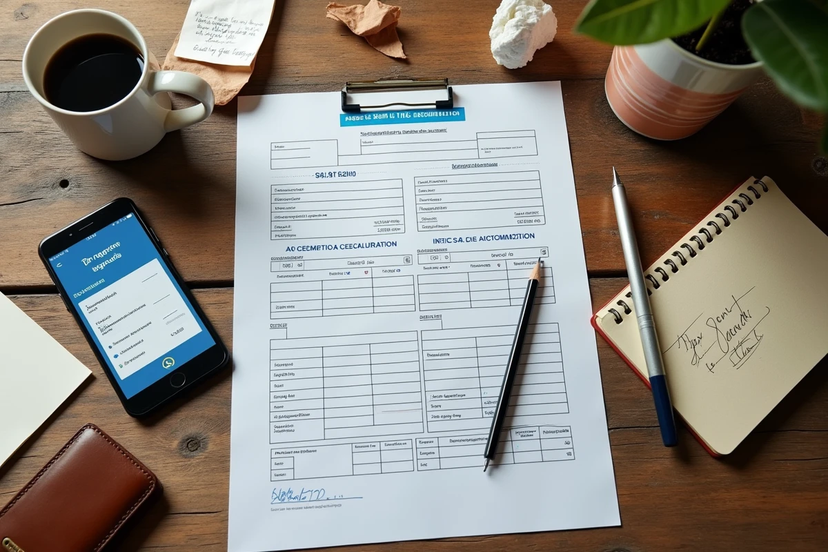 Vue aérienne d'un bureau de travailleur indépendant avec déclaration fiscale, calcul du taux d'imposition et documents financiers