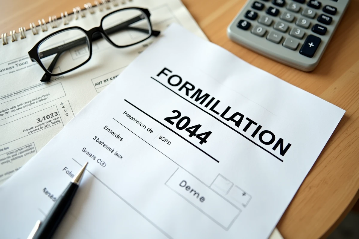 Formulaire de déclaration de revenus fonciers 2044 avec avis de taxe foncière et calculatrice sur un bureau