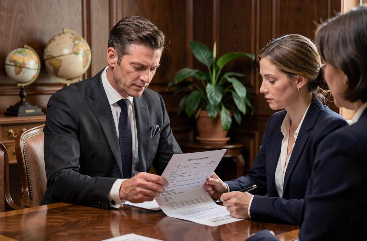 Conseiller en assurance sur mesure présentant un contrat personnalisé à une cliente dans un bureau parisien haut de gamme