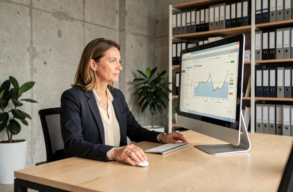 Gestionnaire de patrimoine consultant un rapport de performance SCPI sur écran dans un espace de travail contemporain