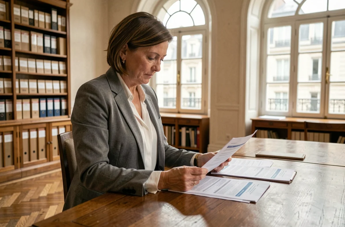 Courtière professionnelle analysant des documents d'assurance entreprise dans un bureau parisien traditionnel