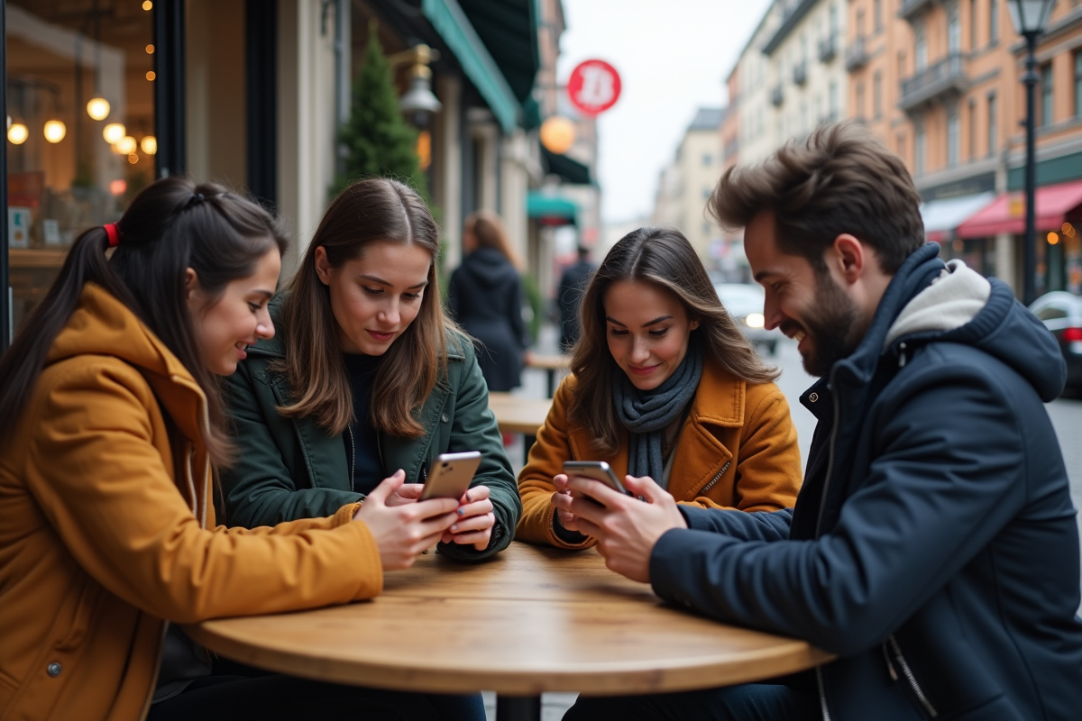 Groupe de jeunes adultes utilisant des smartphones au café