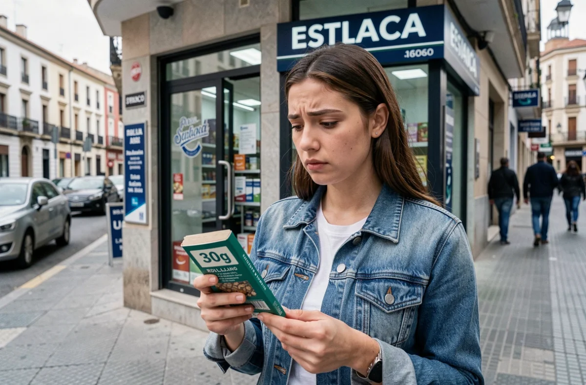 Jeune femme examinant le prix d'un paquet de tabac à rouler 30g devant un estanco espagnol en ville