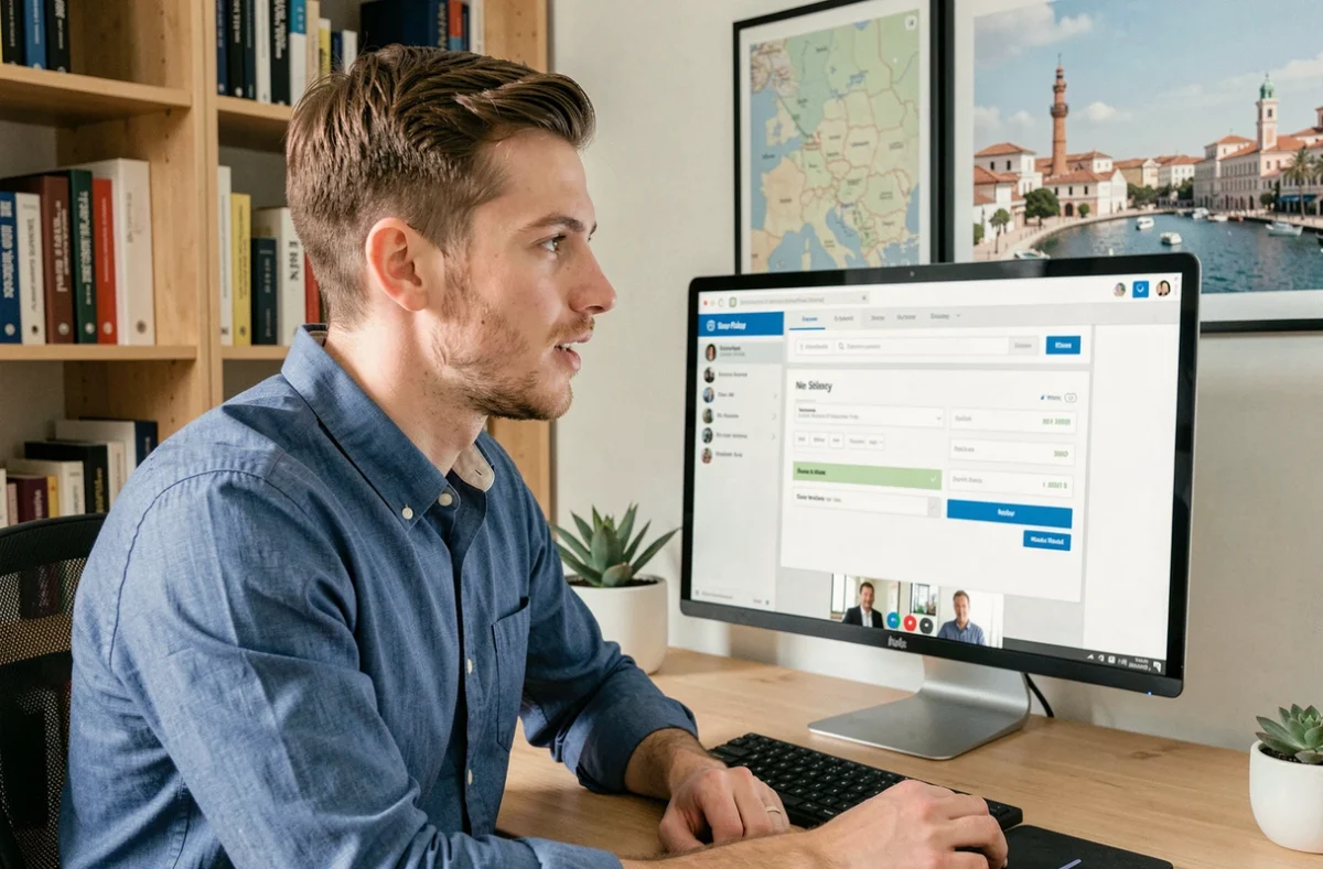 Courtier Helloprêt en visioconférence avec un client pour une demande de prêt immobilier en ligne depuis un bureau à domicile à Nice