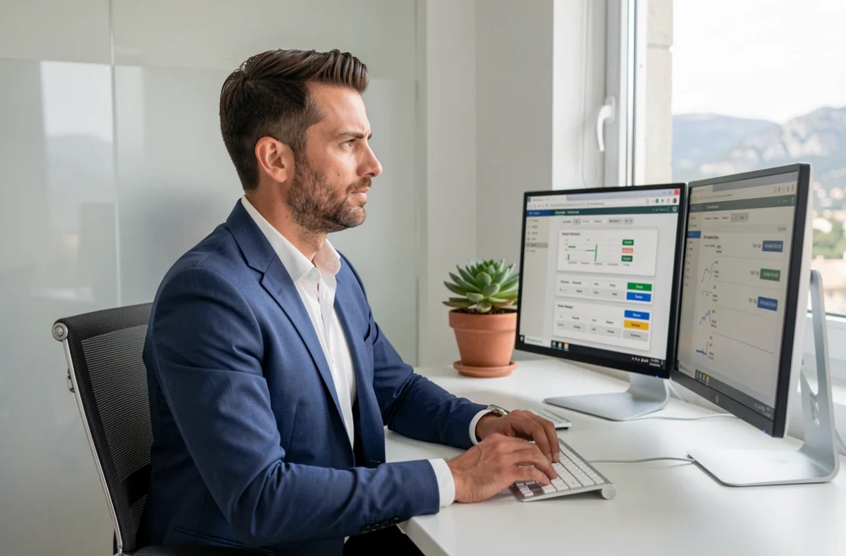 Conseiller financier Hestia Finances Invest travaillant sur une simulation de crédit immobilier dans son bureau à Nice