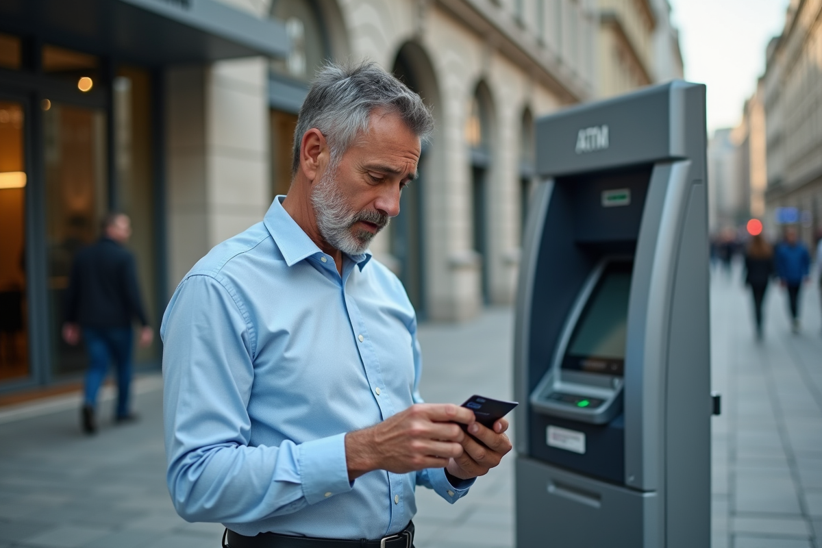 Homme d affaires regardant sa carte devant un ATM en ville