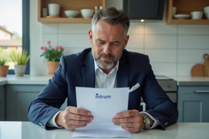 Homme d'affaires anxieux lisant une lettre Intrum