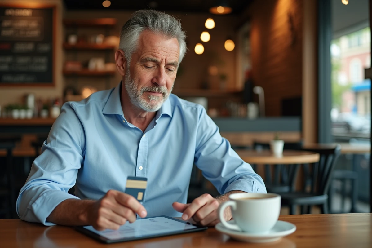 Homme d'affaires consultant un comparatif de cartes prépayées mobiles sur une tablette dans un café