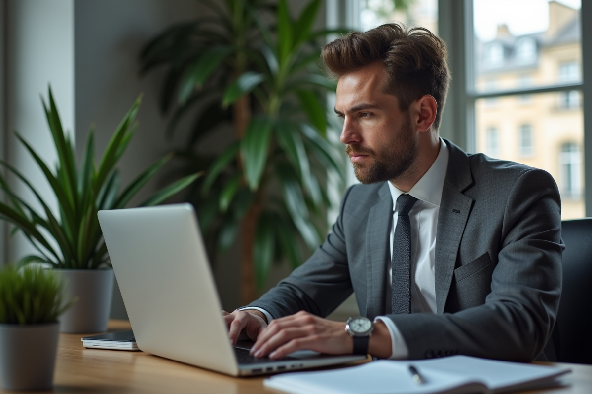 Homme d'affaires en costume regardant des données crypto à Paris