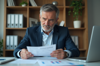 Homme d'affaires étudiant des documents de taxe carbone
