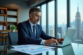 Homme d'affaires en costume analysant des graphiques financiers