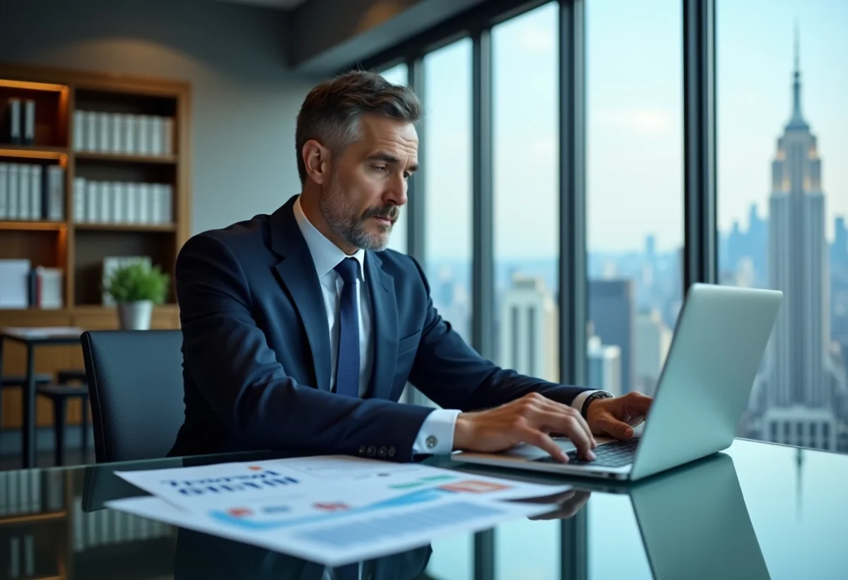 Homme d'affaires en costume analysant des graphiques financiers