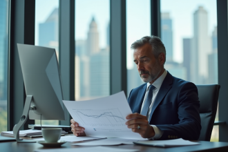 Homme d affaires en costume regardant un graphique en baisse