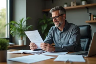 Homme d'affaires en réunion avec documents et smartphone