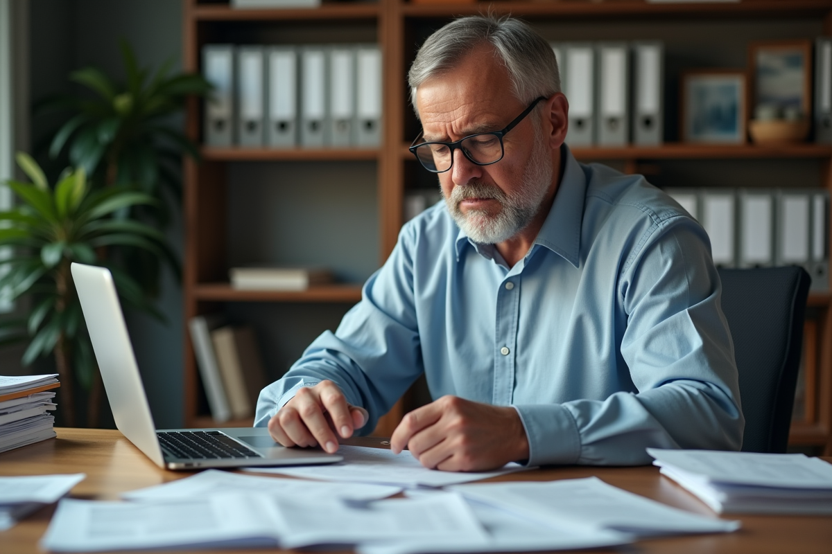 Homme d'affaires regardant des papiers confus dans un bureau moderne
