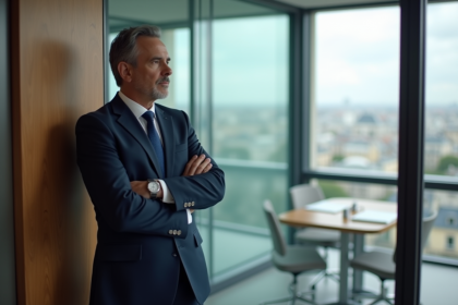 Homme d'affaires français regardant Paris depuis son bureau