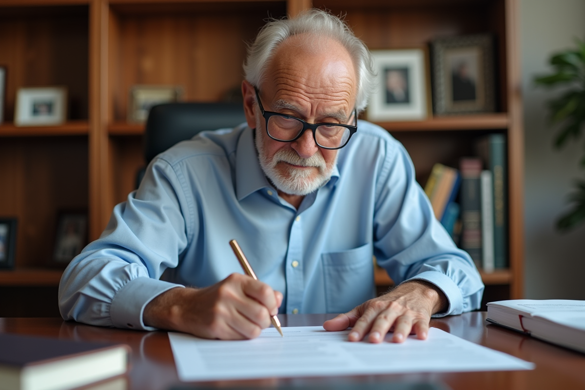 Homme âgé signant un document dans un bureau organisé