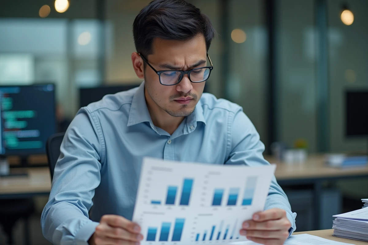 Homme concentré comparant des graphiques dans un bureau moderne