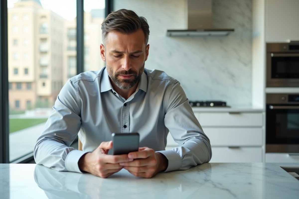 Homme aisé utilisant l'application mobile BNP Banque Privée pour gérer ses comptes depuis sa cuisine moderne