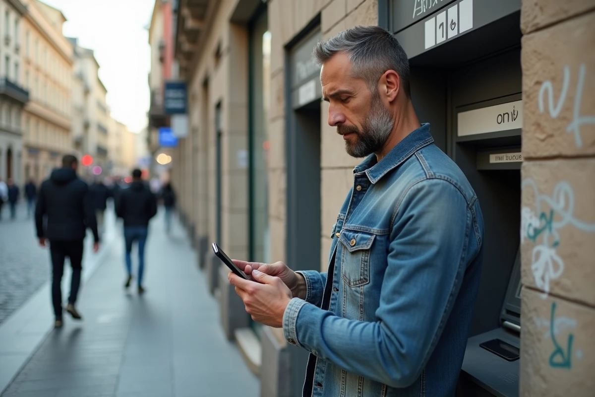 Homme vérifie ses finances devant un ATM