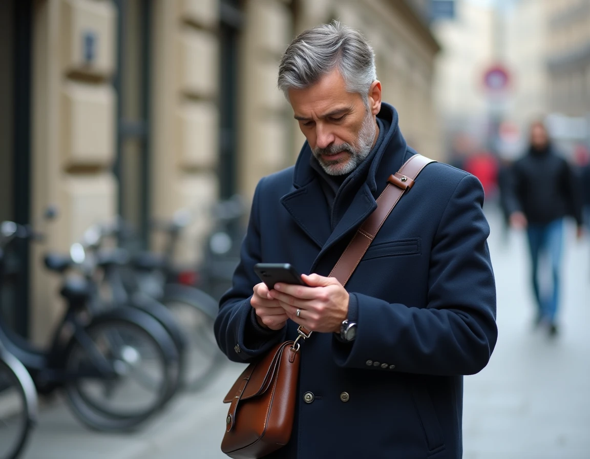 Homme consultant son espace client bancaire sur smartphone en extérieur dans une rue parisienne