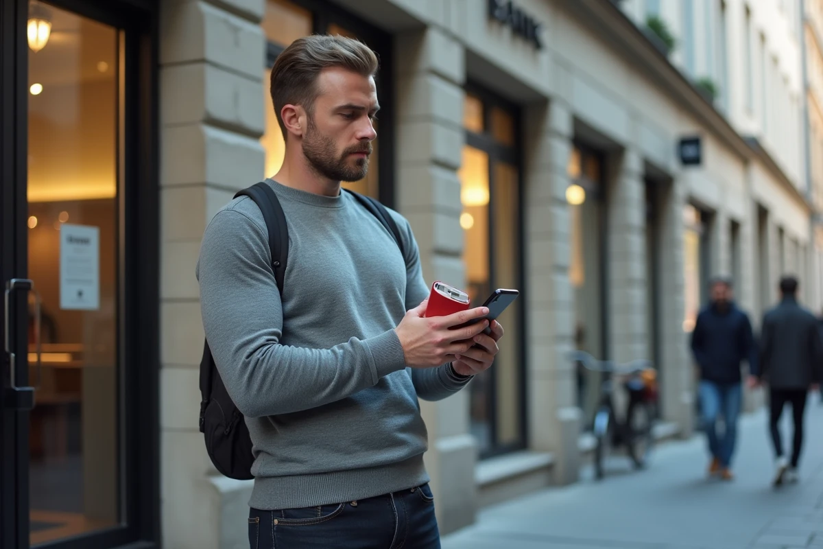 Homme devant une agence bancaire tenant un livret d'épargne et consultant son téléphone, contexte taux livret A 2026