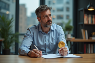 Homme d'affaires avec Bitcoin dans un bureau moderne