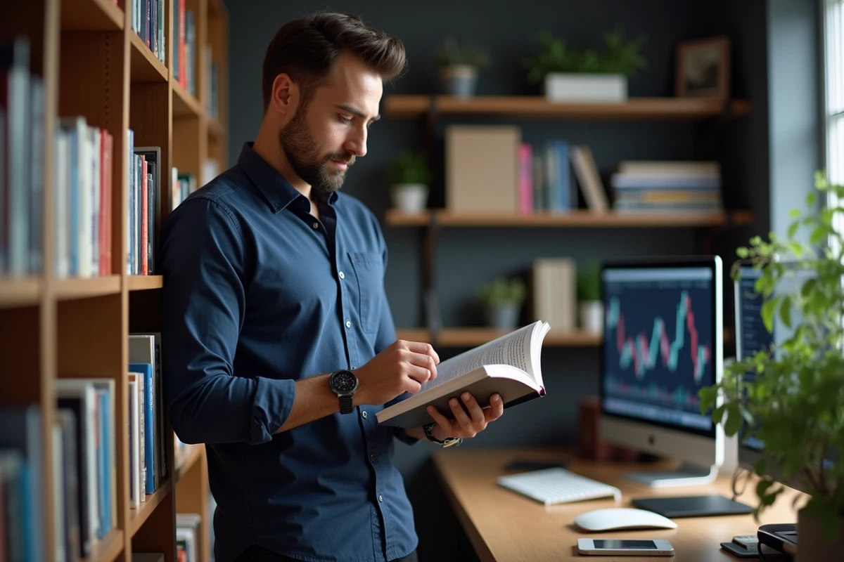 Homme consultant des livres et ressources financières dans un bureau à domicile équipé pour apprendre la bourse