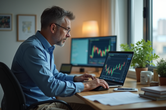 Homme d'âge moyen dans un bureau à domicile examine un graphique boursier