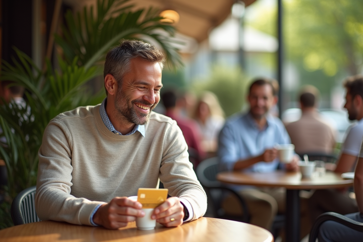 Homme détendu avec carte gold au café en plein air